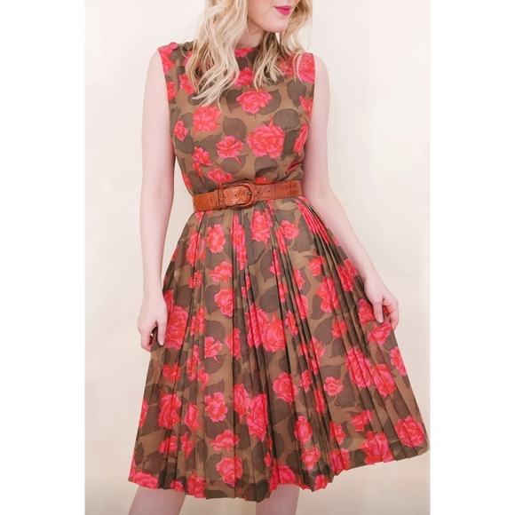 1950s Sleeveless Floral Boat Neck 50s Vintage Pleated Brown Red Pink Midi Dress - Picture 4 of 15